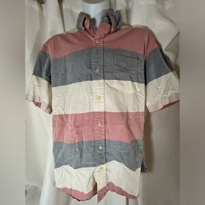 Chaps short sleeve button down shirt, red and gray and white stripe free boys